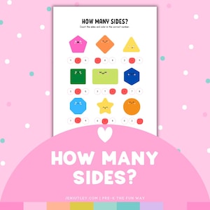 Puede incluir: Una hoja de trabajo titulada "HOW MANY SIDES?" presenta formas de dibujos animados coloridas con caras. Los estudiantes cuentan los lados y colorean el número correcto. Las formas incluyen un pentágono rosa, un diamante naranja, un triángulo amarillo, un cuadrado verde y más.