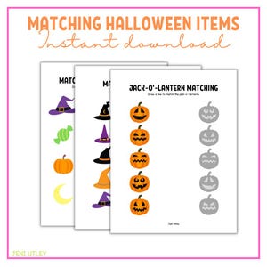 May include: Printable Halloween matching game for kids.  The game features a Jack-O-Lantern matching activity with orange and gray pumpkins.  The text on the page reads "Jack-O'-Lantern Matching" and "Draw a line to match the jack-o'-lanterns".