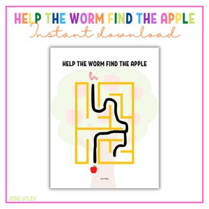 May include: A printable maze activity for kids featuring a pink worm trying to find a red apple in a yellow maze on a green apple tree. The text "Help the worm find the apple" is at the top of the maze.