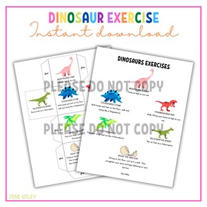 Pode incluir: Duas páginas imprimíveis com exercícios com tema de dinossauros. A página superior diz "DINOSAUR EXERCISE Instant download" em texto colorido. Os exercícios incluem Brontosaurus Jump, Stegosaurus Stomp, Tyrannosaurus Run e Velociraptor Sprint.