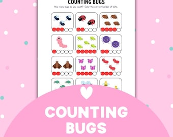 May include: A worksheet titled "COUNTING BUGS" features various insects like flies, ladybugs, and butterflies. Each insect group is paired with a row of red dots for counting. The bottom of the page includes the website jeniutley.com.