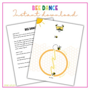 Peut inclure: Une feuille de travail imprimable avec des instructions sur la façon d'exécuter une danse d'abeille. La feuille de travail comprend un diagramme d'une ruche avec une abeille volant en forme de huit autour de la ruche. Le texte sur la feuille de travail explique que la danse des abeilles est utilisée pour communiquer l'emplacement du nectar aux autres abeilles.