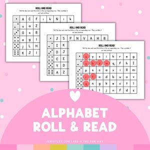 May include: Three white worksheets with the text "ROLL AND READ" and dice-based alphabet games. The worksheets are on a pink background with the text "ALPHABET ROLL & READ" and the website address "JENIUTLEY.COM | PRE-K THE FUN WAY".