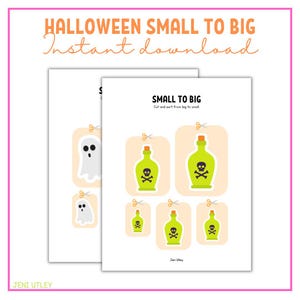 以下が含まれることがあります： 子供向けのハロウィーンの印刷可能なアクティビティ。画像を大きくから小さく切り取って並べ替えます。画像には、幽霊とどくろと交差した骨の入ったポーションボトルが含まれています。