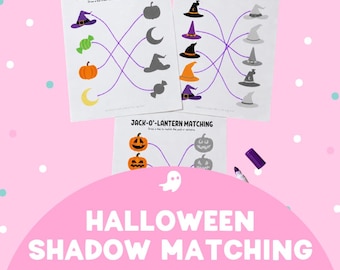 May include: Three white activity sheets titled Matching Halloween Items, Matching Witch Hats, and Jack-O'-Lantern Matching. Each page features colorful Halloween graphics connected by purple lines to their corresponding gray silhouettes.