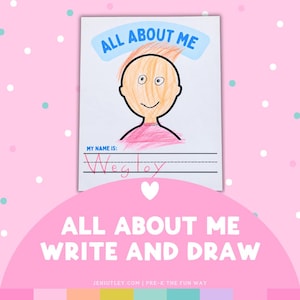 May include: A white worksheet titled ALL ABOUT ME in blue letters, featuring a hand-drawn illustration of a person with orange hair and a pink shirt. Below the drawing, the text MY NAME IS: is printed above a line with the handwritten name Wegley.