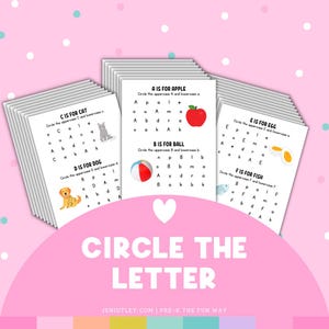 May include: A stack of educational worksheets for pre-K children. Each sheet features a letter of the alphabet with corresponding images like an apple, ball, cat, dog, egg, and fish. The worksheets are designed to help children circle the uppercase and lowercase letters. The text "CIRCLE THE LETTER" is displayed.