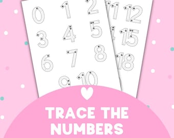 Puede incluir: Hojas de trabajo blancas con números del 0 al 18 para trazar, con líneas punteadas. El texto "TRACE THE NUMBERS" está en negrita. Fondo rosa con lunares blancos y azules, para aprender.