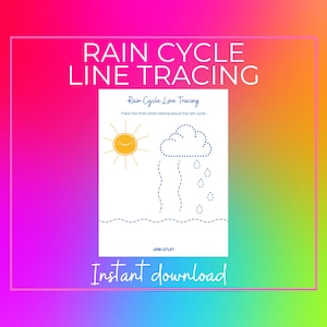 May include: A printable worksheet for kids to trace the lines of a rain cycle diagram. The diagram shows a sun, a cloud with raindrops, and a wavy line representing the ground. The text "Rain Cycle Line Tracing" is at the top of the page, and the text "Trace the lines while talking about the rain cycle." is below the diagram. The text "JENI UTLEY" is at the bottom of the page, and the text "Instant download" is below that.