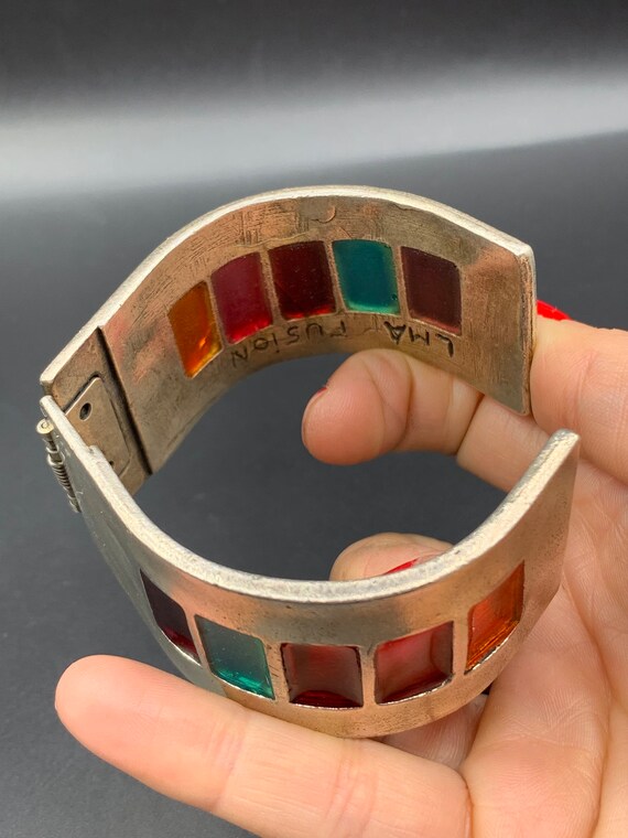 Bracelet Vintage Signé - Métal Argenté Et Cuir - Fermoir Mousqueton - Unisexe