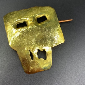 Handcrafted hammered brass brooch art creation brutalist design