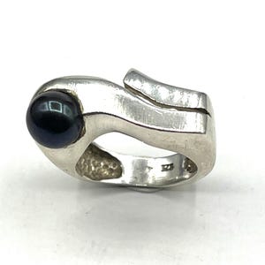 Bague Vintage Argent Massif Et Onyx Noir - Taille 54 - Style Années 70 - Occasion