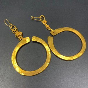 Creation earrings hammered brass gilded gold 24 carat France couture design craft creoles