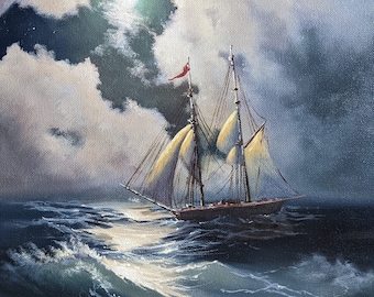 夜の船の戦いの絵画：アレクサンダー・シェンデロフによるキャンバスに