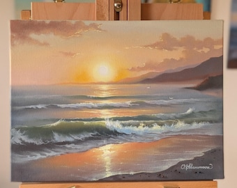 Pintura al óleo Paisaje marino Puesta de sol sobre el océano Ola del océano Obra de arte original Arte oceánico de Hawái Arte costero Puesta de sol dorada Óleo sobre lienzo 30x40 cm (12x16 pulgadas)