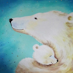 Art Acrylic Painting White Bears White Bear with Cub Original Painting North Animal Art Painting North Baby Acrylic on Canvas 16x16 in