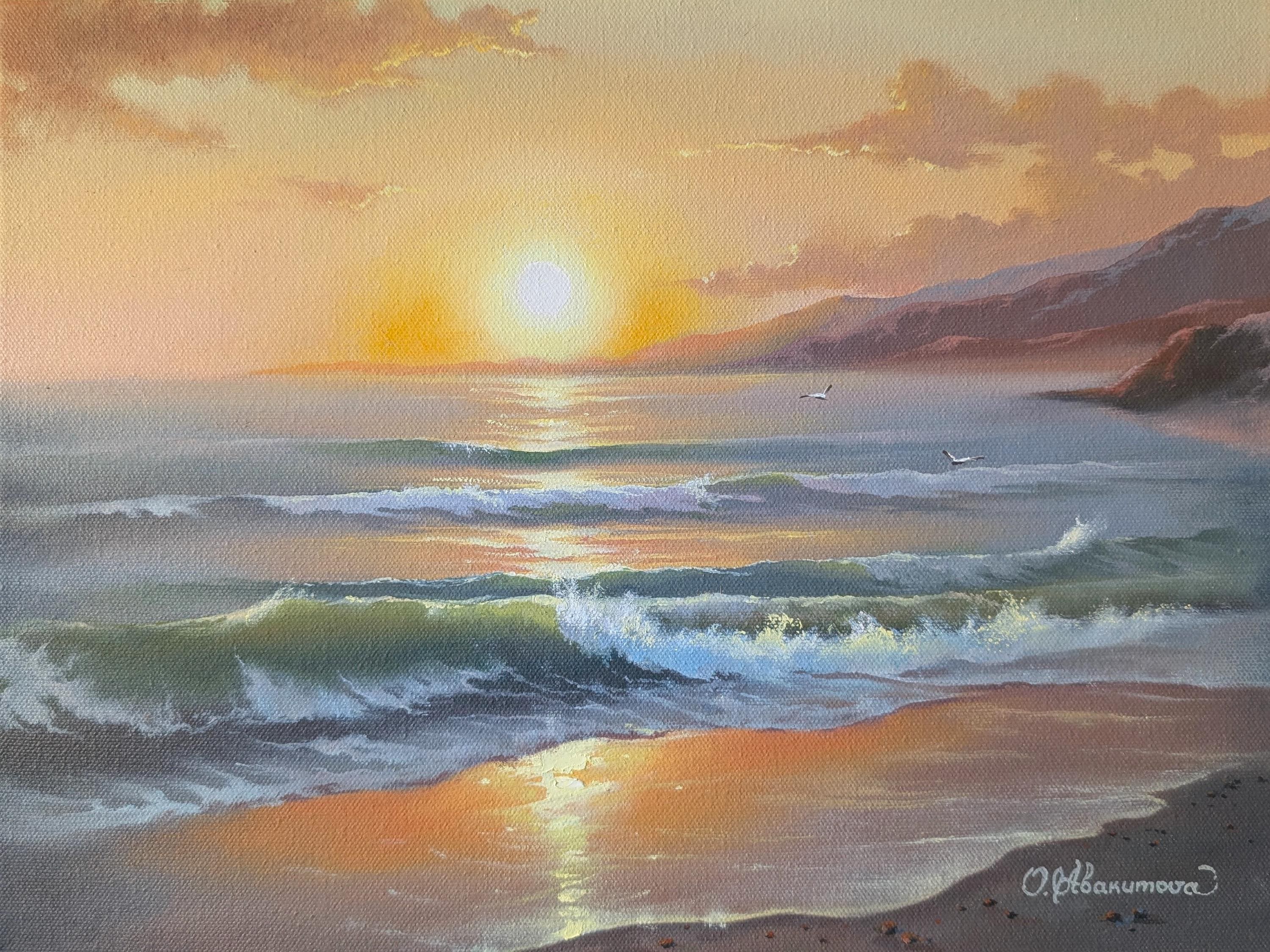 日本人気超絶の 油絵 海景 夕日 海の波 オリジナルアート ハワイ オーシャン 額縁