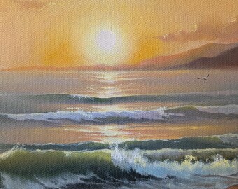 油絵 海景 夕日 海の波 オリジナルアート ハワイ オーシャン