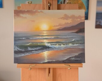 油絵 海景画 海の夕日 波 オリジナルアート ハワイの海のアート 海岸の