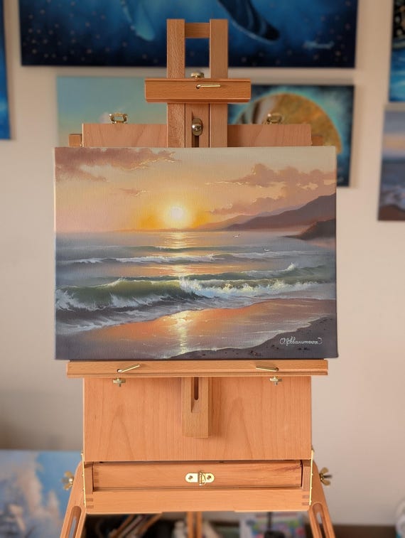 油絵 海景 夕日 海の波 オリジナルアート ハワイ オーシャン