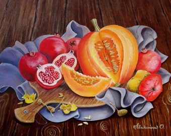 野菜のある静物画、カボチャの油絵、秋の静物画、農家の装飾アート