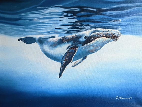 Art Oil Painting Seascape Blue Whale Original Ocean Painting