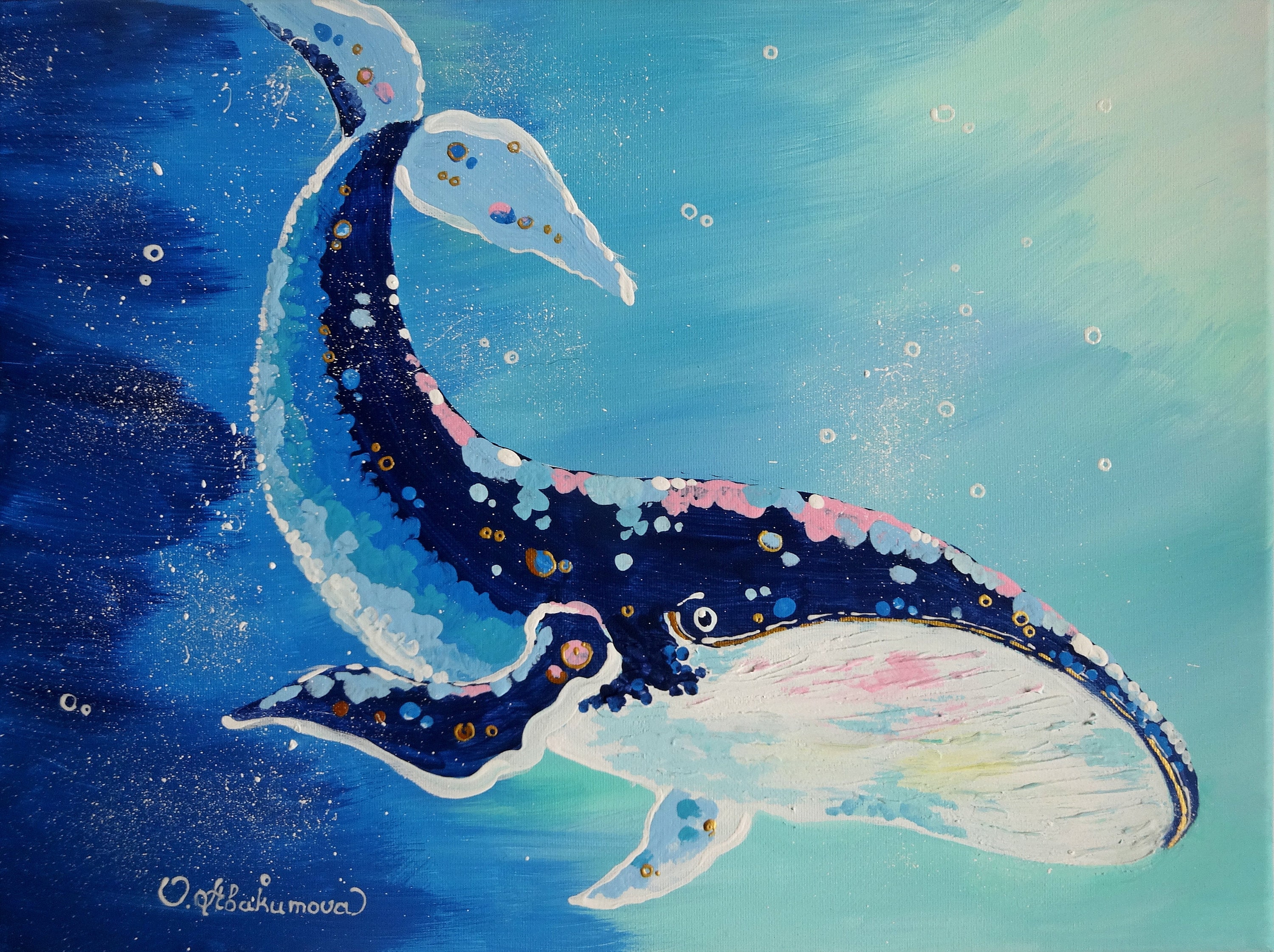 アクリル絵の具からのアートプリント 海景 クジラ ターコイズ