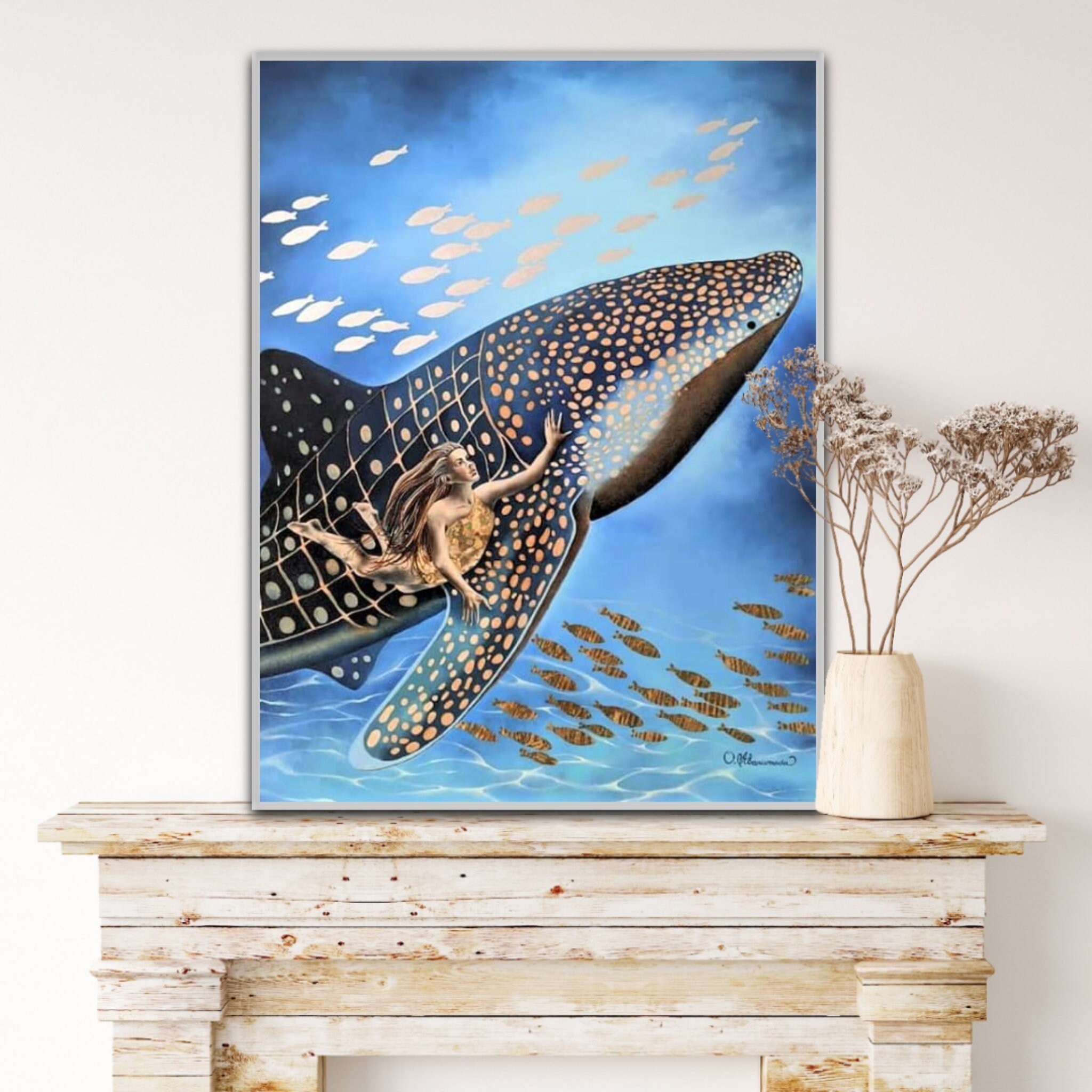 キャンバスアート　油絵 アート油絵 海景 ジンベイザメ オリジナル海洋絵画 水中沿岸