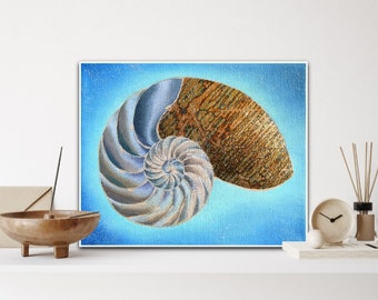 Peinture à l’huile Art abstrait Paysage marin Ammonite Nautilus Coquille Coquillage Océan Art Original Art Contemporain Huile sur toile 8x10in (20x25cm)