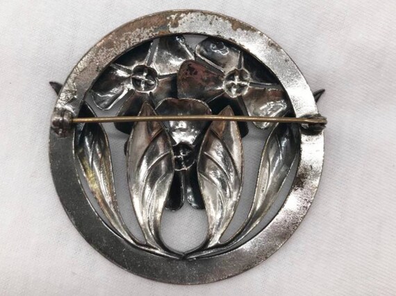 Art Nouveau Silver Tone Metal Flower Brooch - image 2