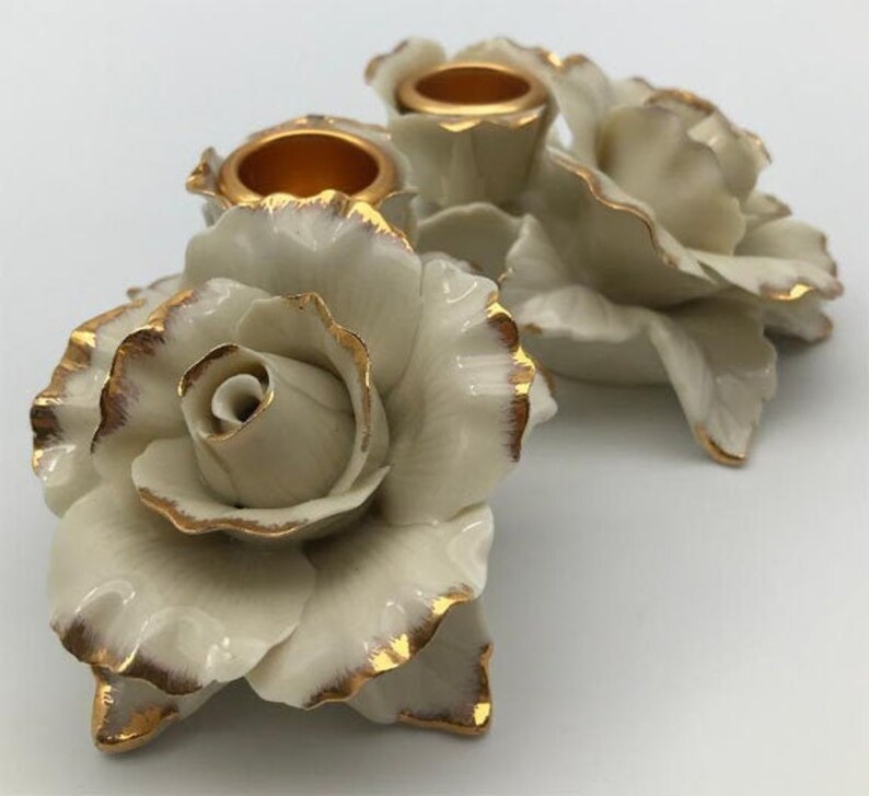 Vintage Avon China Porcelain Rose Candle Holders Etsy