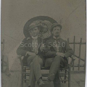 Antique Tintype Two Affectionate Men with Parasol - Gay Interest