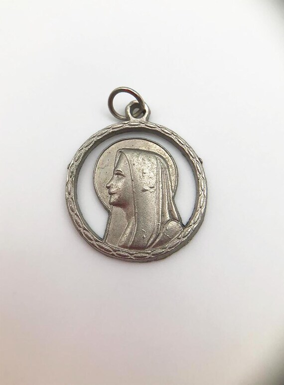 Vintage Virgin Mary Two Sided Silver Metal Pendant Italy
