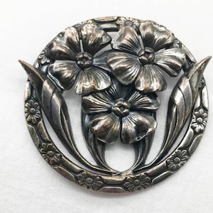 Art Nouveau Silver Tone Metal Flower Brooch