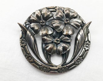 Art Nouveau Silver Tone Metal Flower Brooch