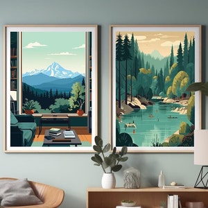 Retro Summer Afternoon Printable Illustrations Set of 2 Inspired by the Pacific Northwest Instant Download Decor Prints Mount Hood PNW River
