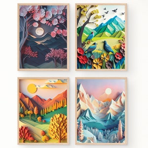 Four Seasons 3d Illustration Paper Craft Style Digital Art Instant Download 4 File Set Spring Summer Autumn Winter Mountain Landscape