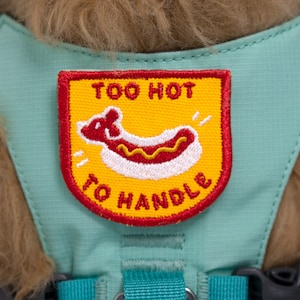 Könnte beinhalten: Ein türkisfarbenes Hundegeschirr mit einem roten und gelben gestickten Aufnäher, auf dem "Too Hot To Handle" steht und ein Cartoon-Hotdog abgebildet ist.