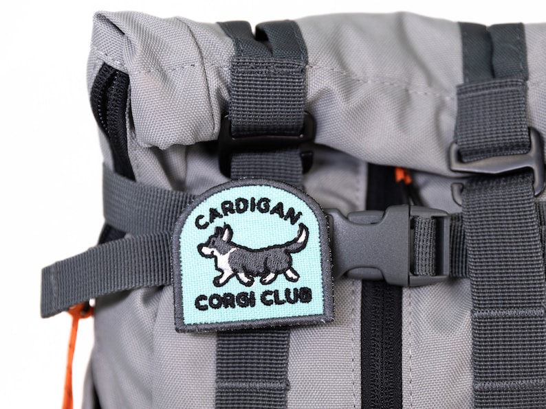 May include: A gray backpack with a black and orange zipper and a blue and white embroidered patch that says "CARDIGAN CORGI CLUB" with a cartoon corgi dog on it.