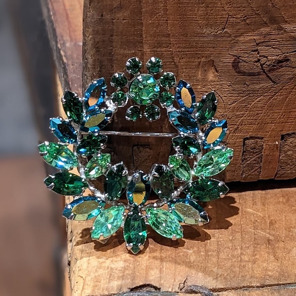 Vintage Signed Sherman Tiara Brooch Green Swarovski Crystals, Vintage Jewelry, Collectable, Women's Jewelry, Pins, Christmas Gift