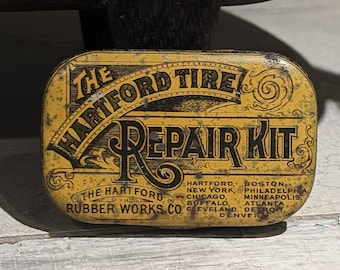 アンティーク ハートフォード タイヤ修理用ブリキ缶 1920 年頃、自動車、輸送、収集品、広告、装飾、ギフト