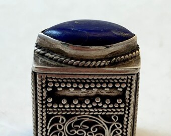 Vintage Sterling Silver Snuff Box with Ornate Sides & Blue Stone Lid