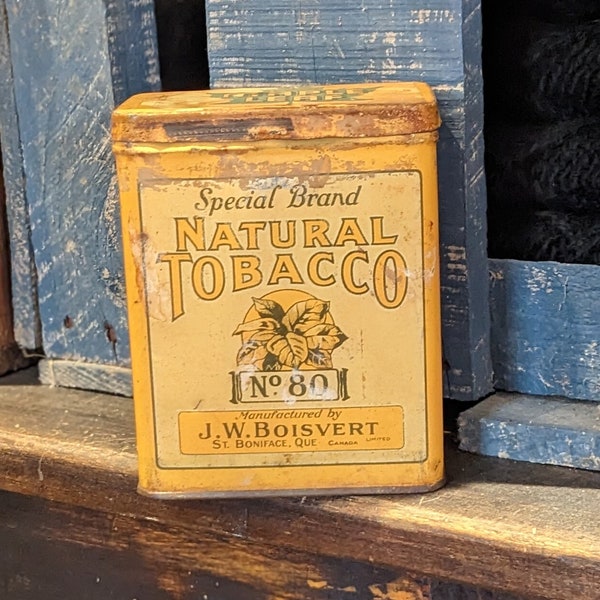 vintage J.W. Boîte de conserve tabac naturel Boisvert, collection, tabac, décoration, feuille d'érable, Canadiana, Québec, cadeau, marque spéciale