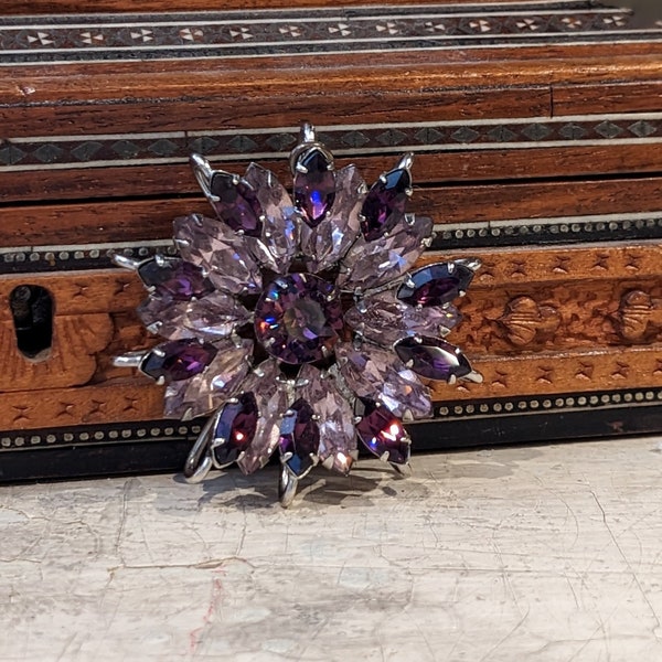 Vintage Signed Sherman Purple Stone Brooch Flower Head