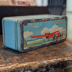 1920&#39;s L. Chambon Nantes Biscuit Tin with Red Plane, Collectable, Rare, Tin, Advertising, Collectable Tin