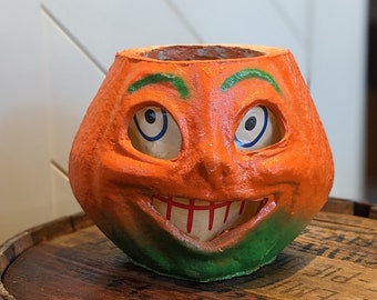 Vintage Paper Mache Pumpkin with Original Paper Face Insert (B), JOL, Jack O Lantern, Halloween Decor, Pumpkin Decor