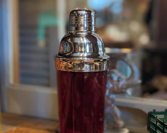 Mid Century Ruby Glass Cocktail Shaker, Barware, Bar Decor, Mixology, Gift, Rare