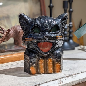Antique Paper Mache Black Cat on Fence Lantern, Halloween