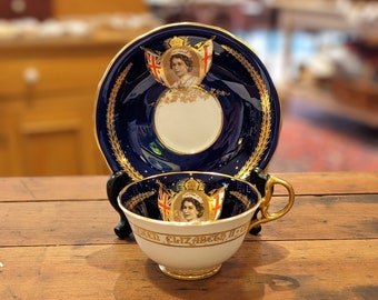 Vintage Aynsley Cobalt Blue and Gilt Cup and Saucer- 1953 Queen Elizabeth II Coronation