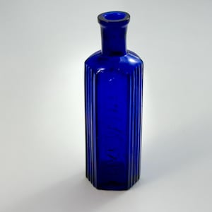 Antique Cobalt Blue Hexagonal Ribbed Glass Poison Bottle